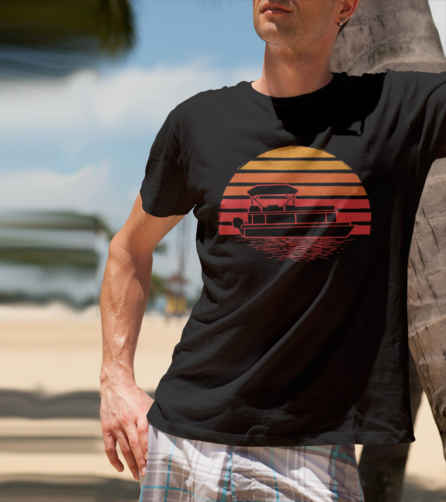 Vintage Pontoon Boat Silhouette Sunset Retro Vibes T-Shirt