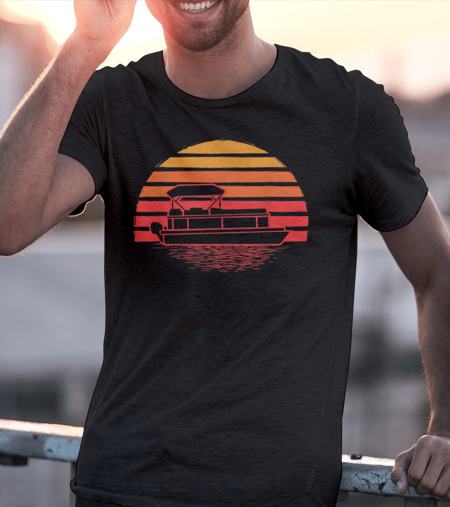 Vintage Pontoon Boat Silhouette Sunset Retro Vibes T-Shirt