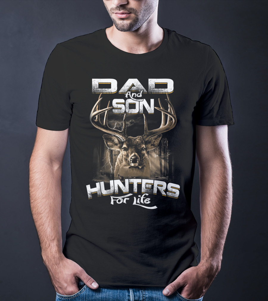Dad And Son Hunters For Life Deer Antlers Forest Scene T-Shirt