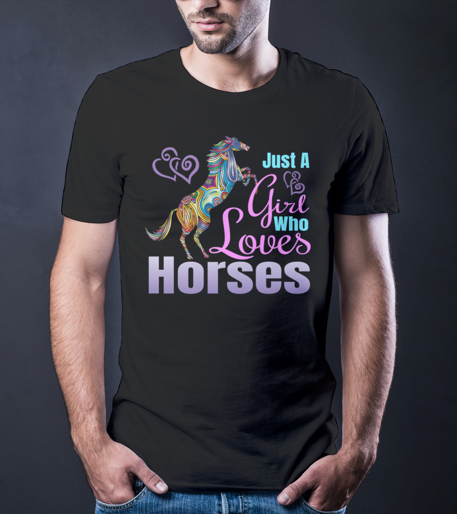 Just A Girl Who Loves Horses Colorful Patterned Horse With Hearts T-Shirt