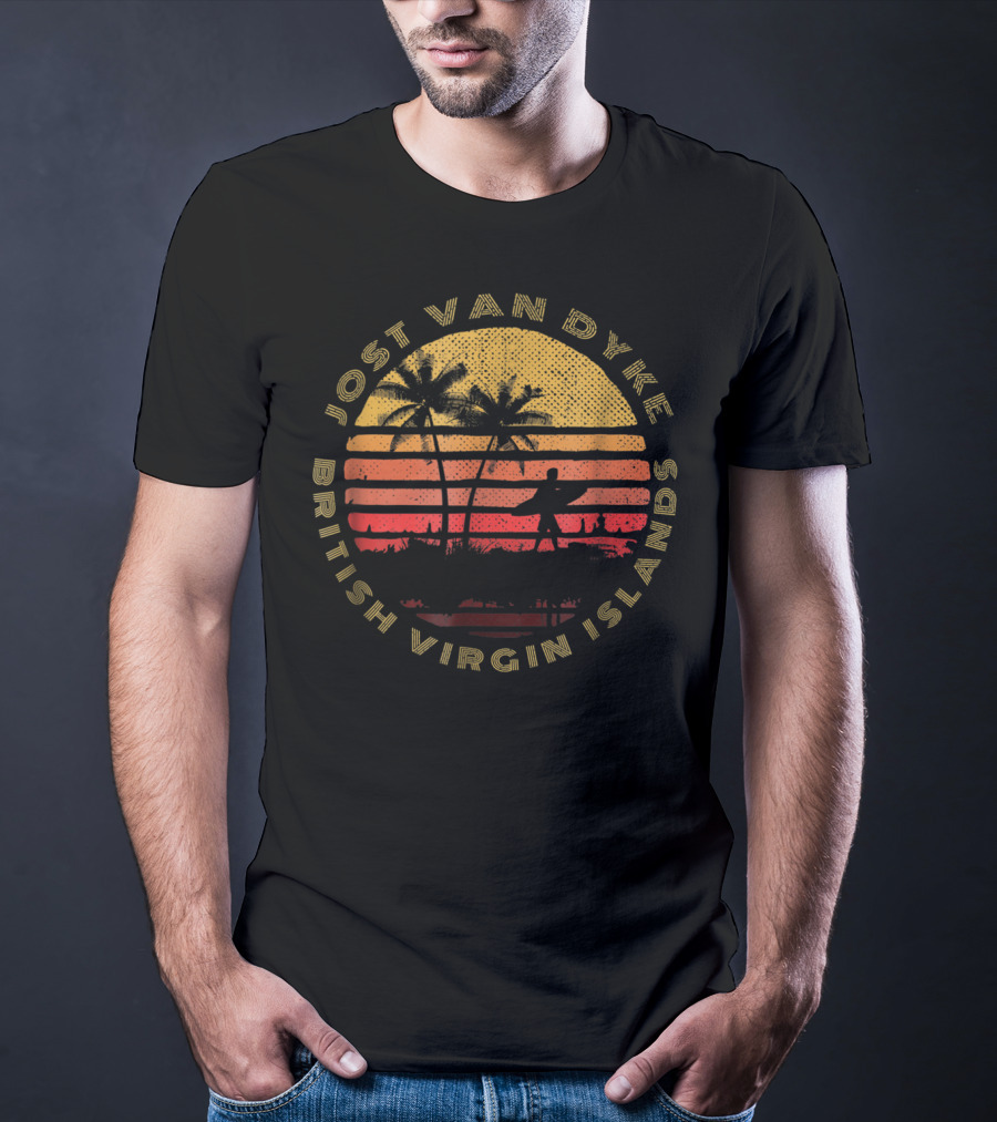 Jost Van Dyke British Virgin Islands Sunset Palm Trees Surfer T-Shirt