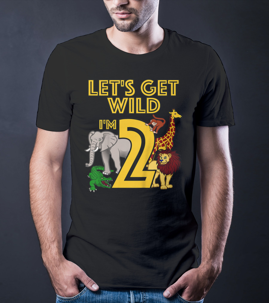 Let's Get Wild I'm 2 Elephant Giraffe Lion Crocodile Birthday Safari Jungle Kids 2 Year Old Zoo T-Shirt