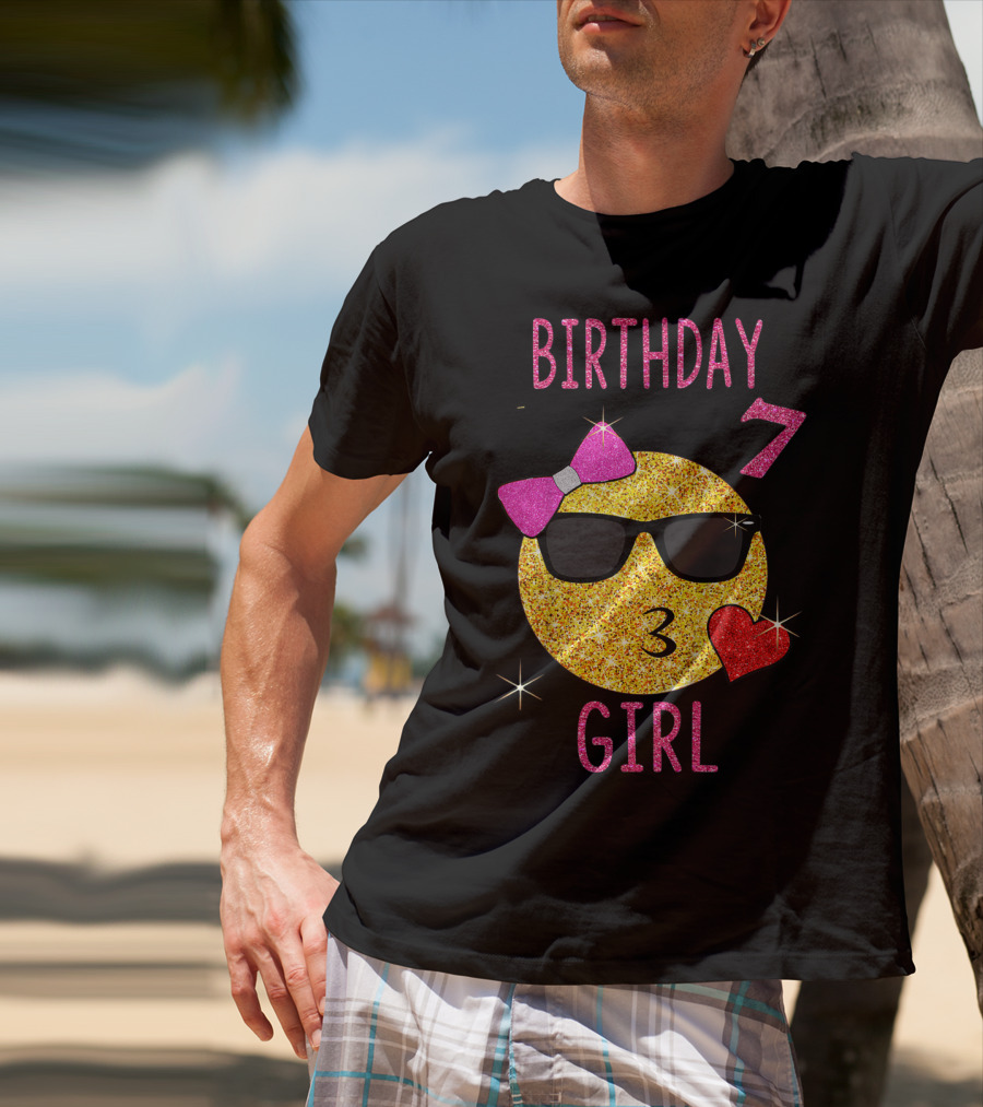 Birthday 7 Girl 7 Years Old Emoji Wearing Sunglasses Bow Heart T-Shirt