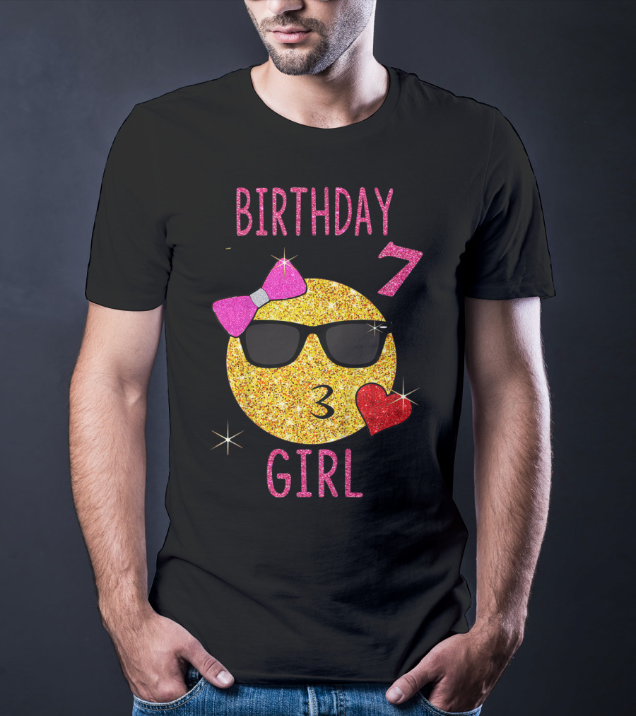 Birthday 7 Girl 7 Years Old Emoji Wearing Sunglasses Bow Heart T-Shirt