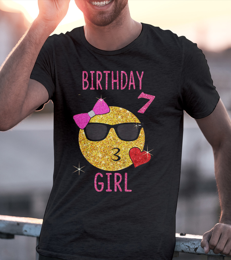 Birthday 7 Girl 7 Years Old Emoji Wearing Sunglasses Bow Heart T-Shirt