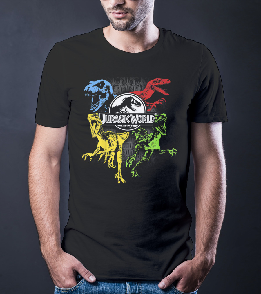Jurassic World Raptors In Primary Colors Red Blue Yellow Green T-Shirt