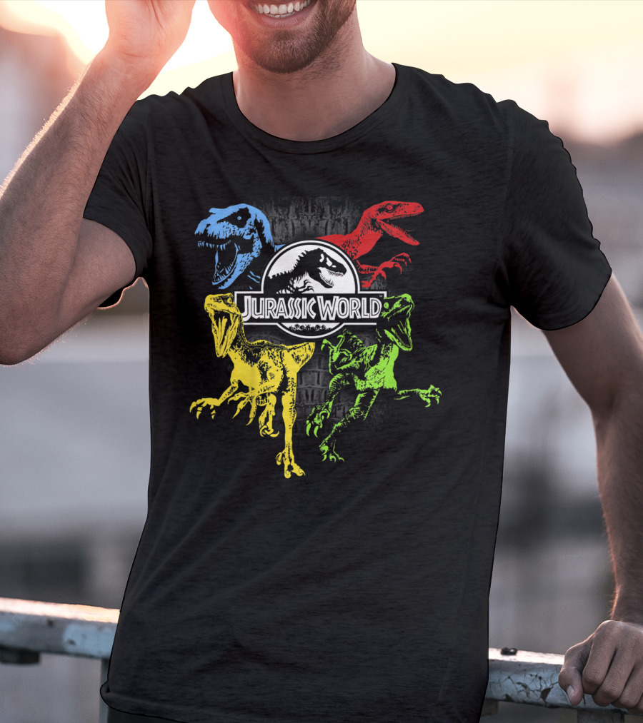 Jurassic World Raptors In Primary Colors Red Blue Yellow Green T-Shirt