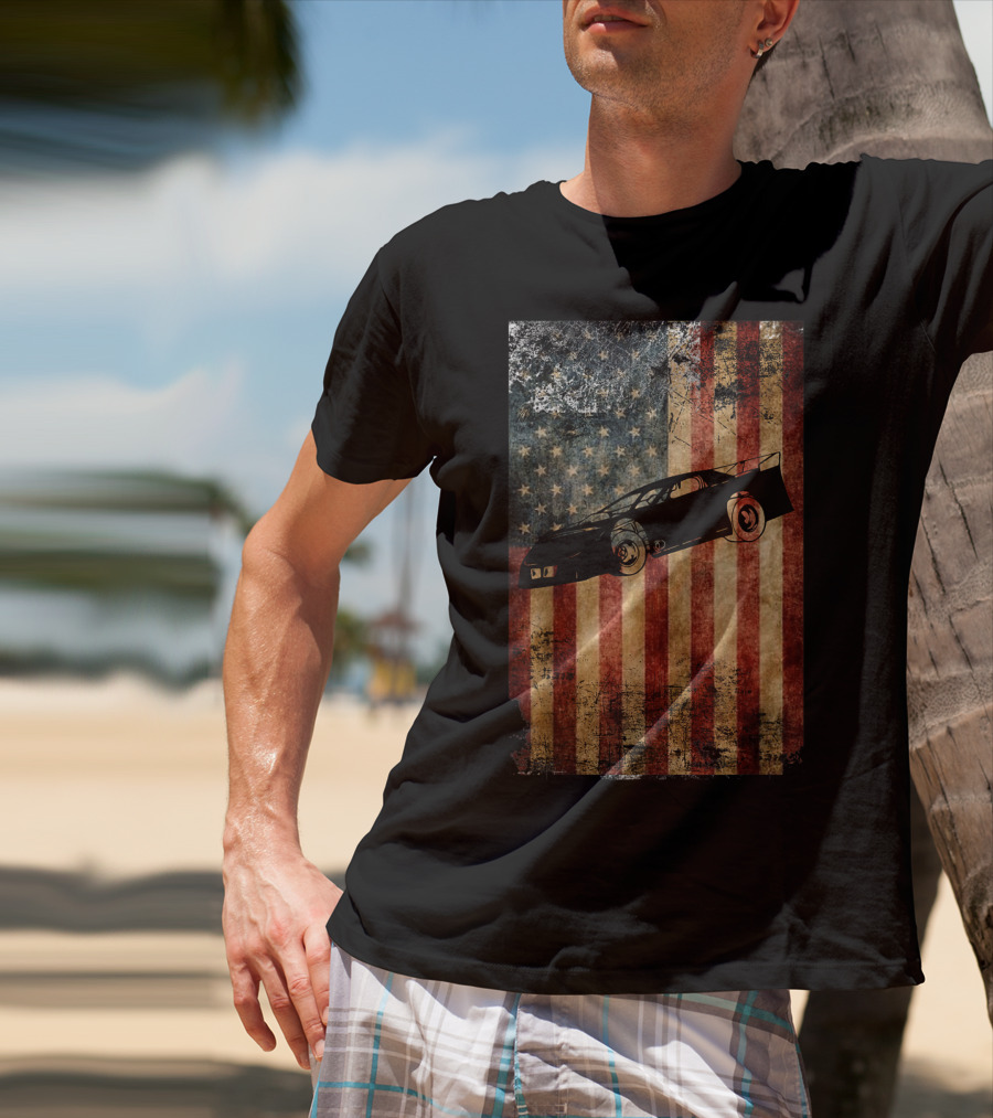 Late Model Dirt Track Racing Distressed American Flag Car T-Shirt