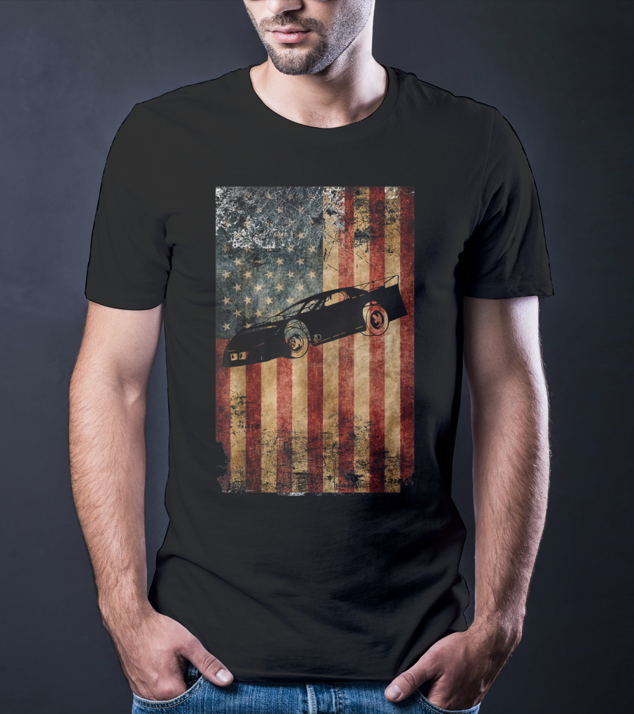 Late Model Dirt Track Racing Distressed American Flag Car T-Shirt