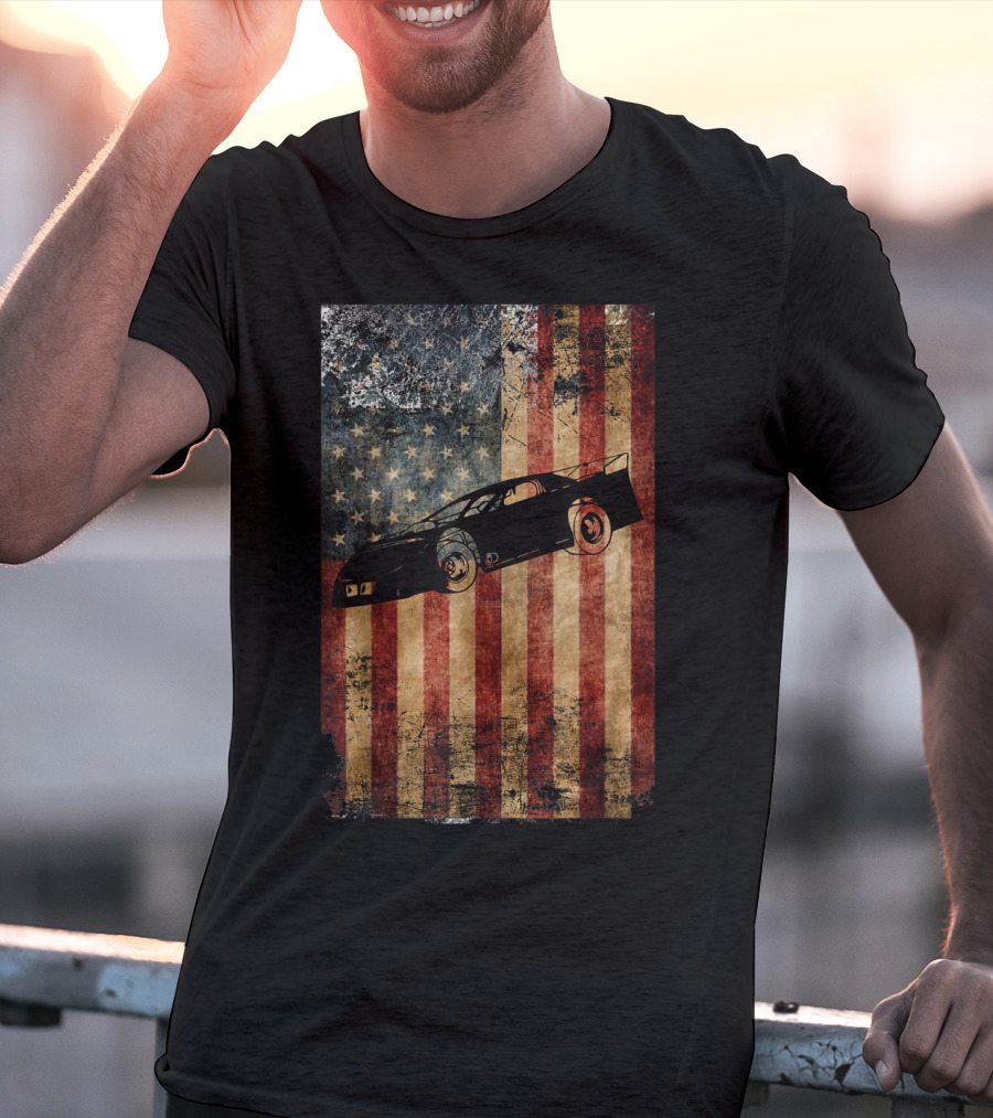 Late Model Dirt Track Racing Distressed American Flag Car T-Shirt