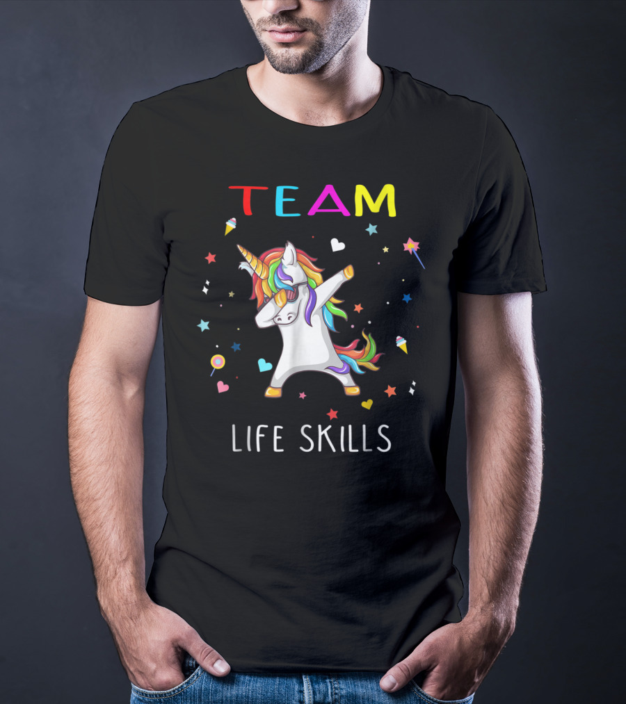 TEAM LIFE SKILLS Unicorn Dabbing Stars And Hearts T-Shirt