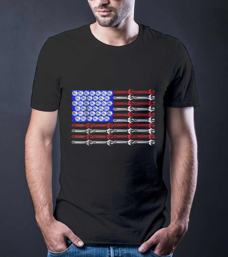 Mechanic Proud American Patriotic USA Flag With Wrenches And Nuts T-Shirt