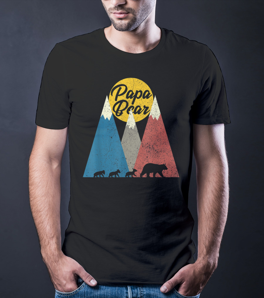 Papa Bear Three Cubs Mountains Retro Triplet Dad T-Shirt