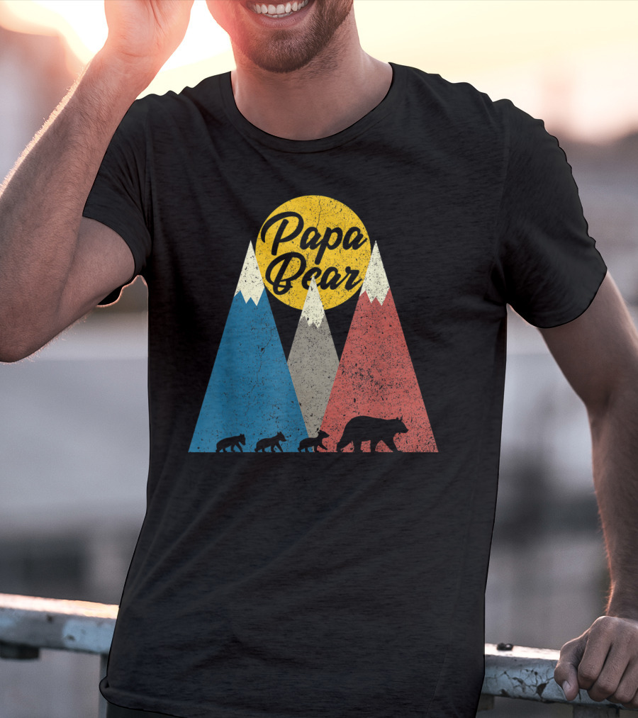 Papa Bear Three Cubs Mountains Retro Triplet Dad T-Shirt