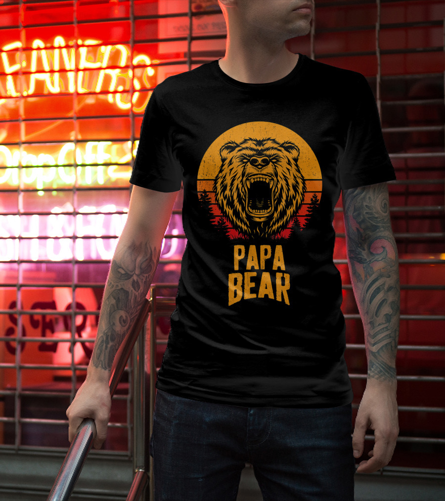 Papa Bear Father's Day Sunset Roaring Bear Forest Scene T-Shirt