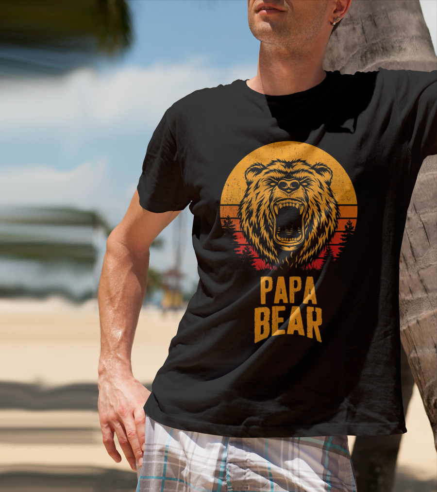 Papa Bear Father's Day Sunset Roaring Bear Forest Scene T-Shirt