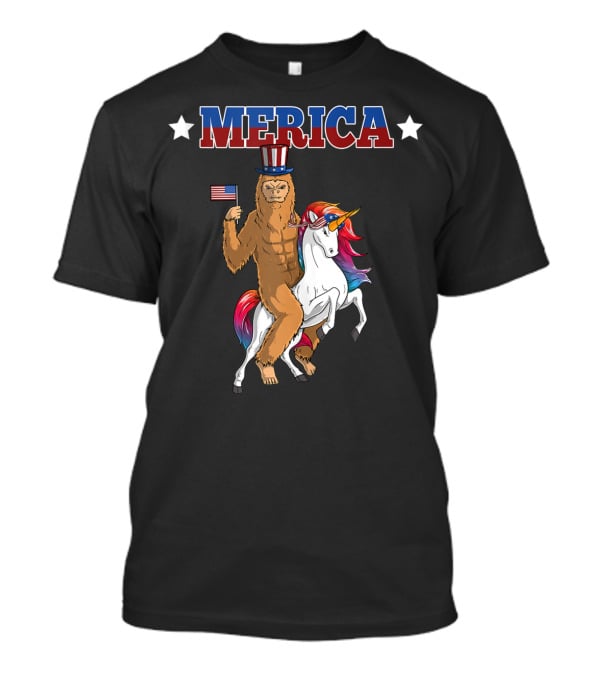 MERICA Bigfoot Riding A Patriotic Unicorn With American Flag T-Shirt