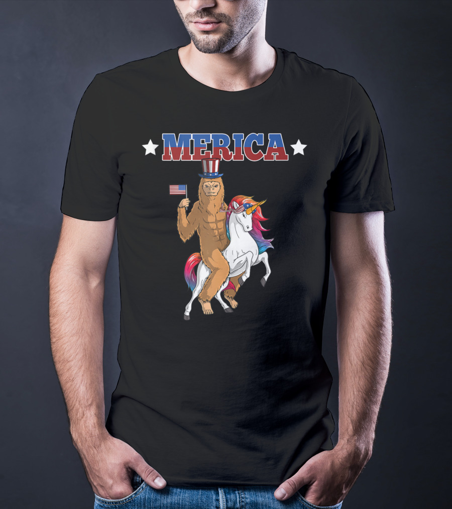 MERICA Bigfoot Riding A Patriotic Unicorn With American Flag T-Shirt
