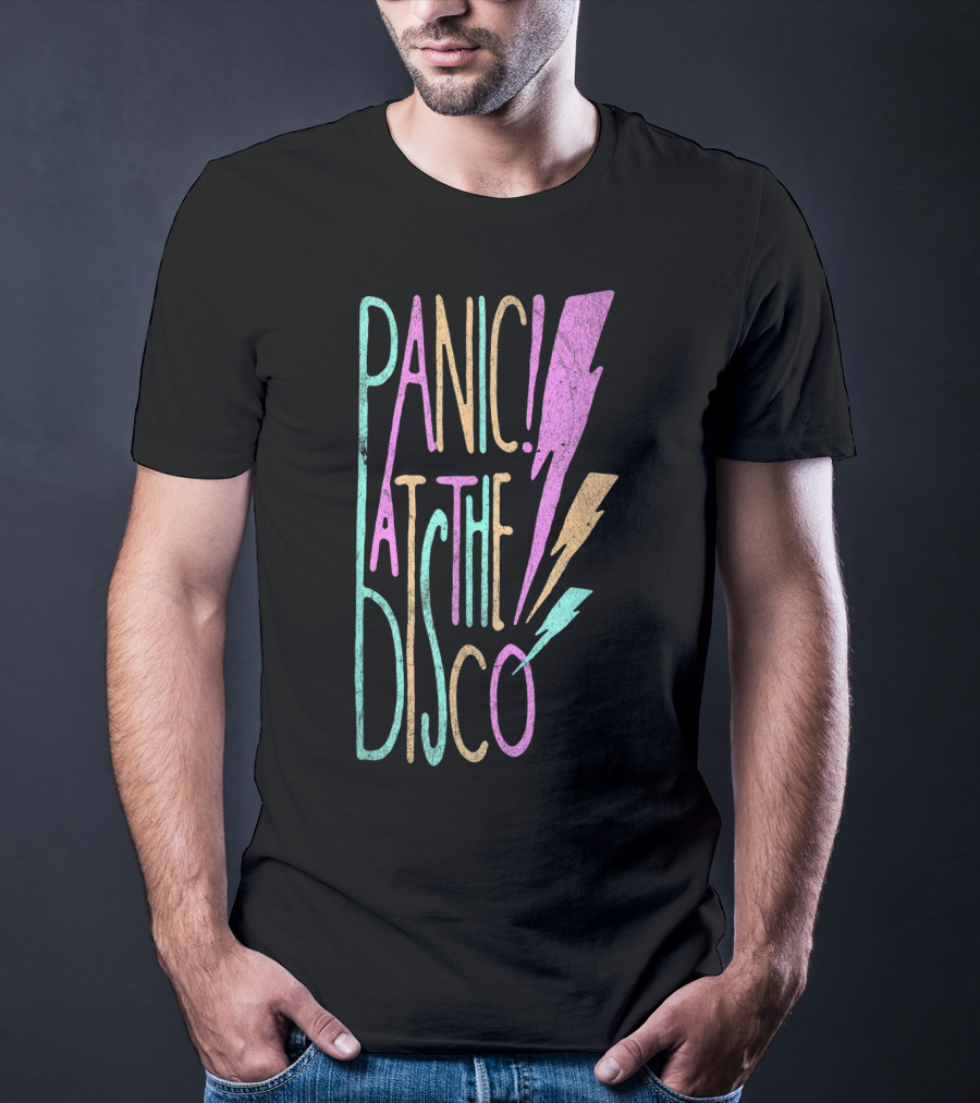 Panic At The Disco Lightning Multicolor Text With Decorative Bolts T-Shirt
