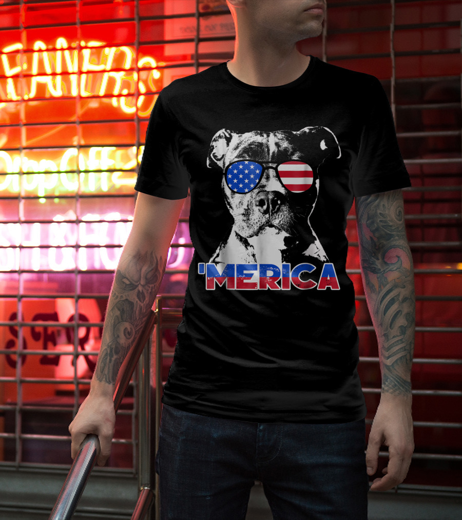 Patriot Pitbull 'Merica With American Flag Sunglasses T-Shirt
