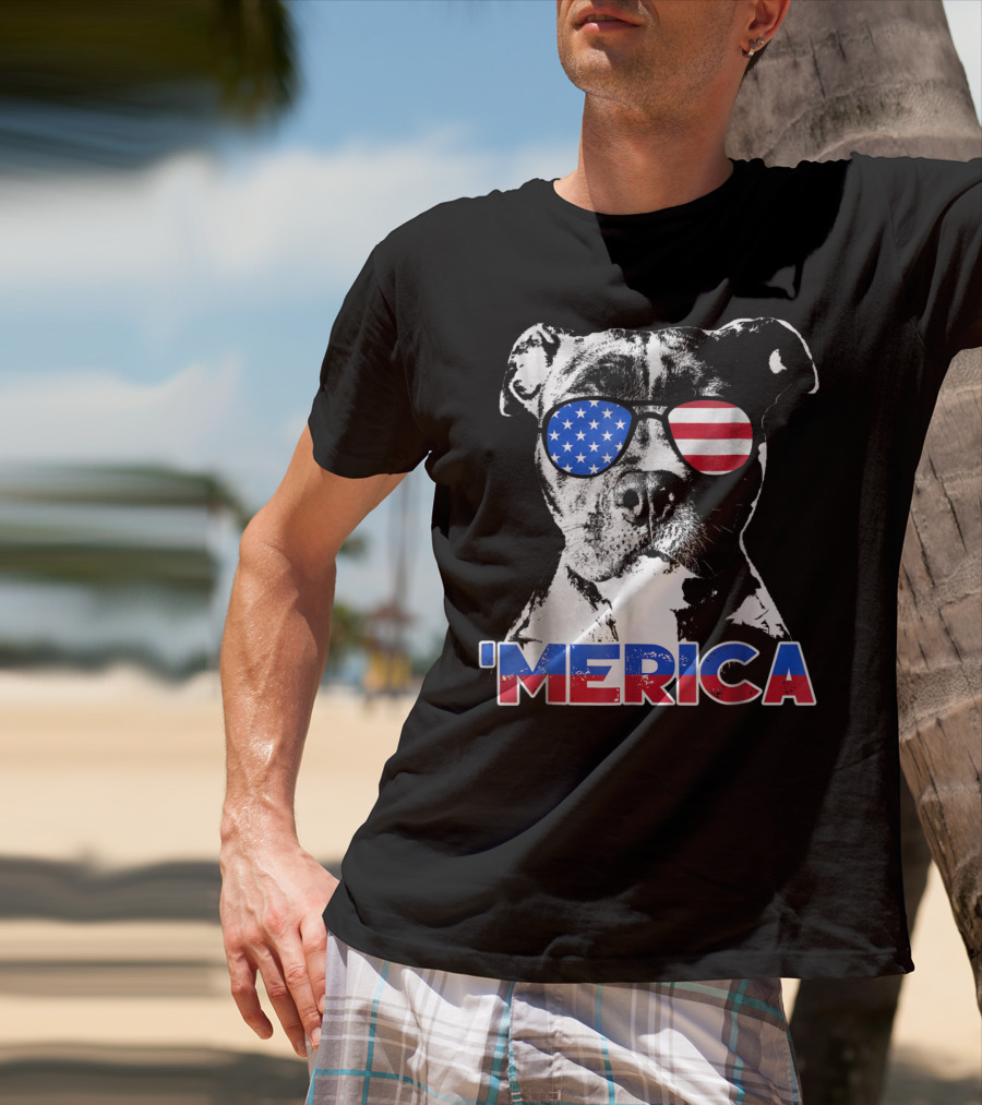 Patriot Pitbull 'Merica With American Flag Sunglasses T-Shirt