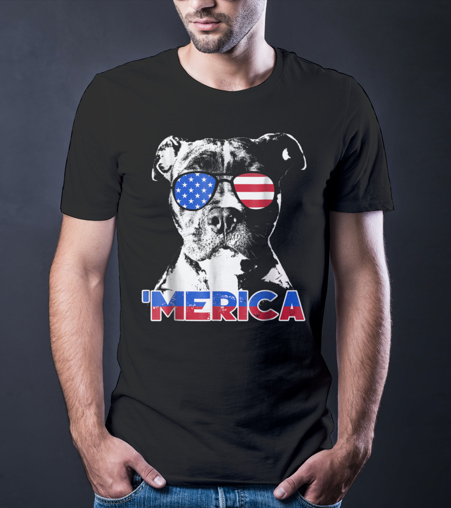 Patriot Pitbull 'Merica With American Flag Sunglasses T-Shirt