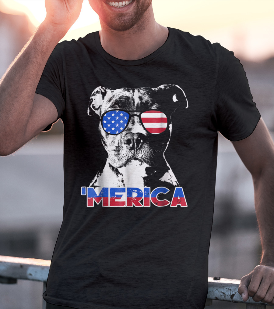 Patriot Pitbull 'Merica With American Flag Sunglasses T-Shirt