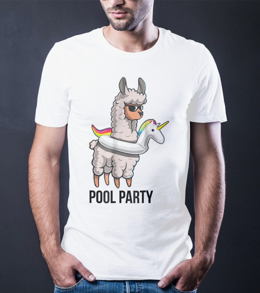 Pool Party Llama With Unicorn Float Funny Llama T-Shirt