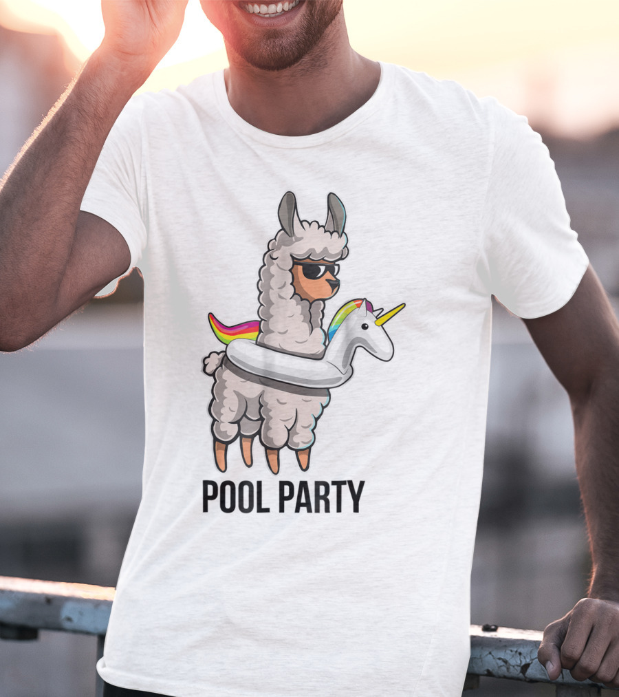 Pool Party Llama With Unicorn Float Funny Llama T-Shirt