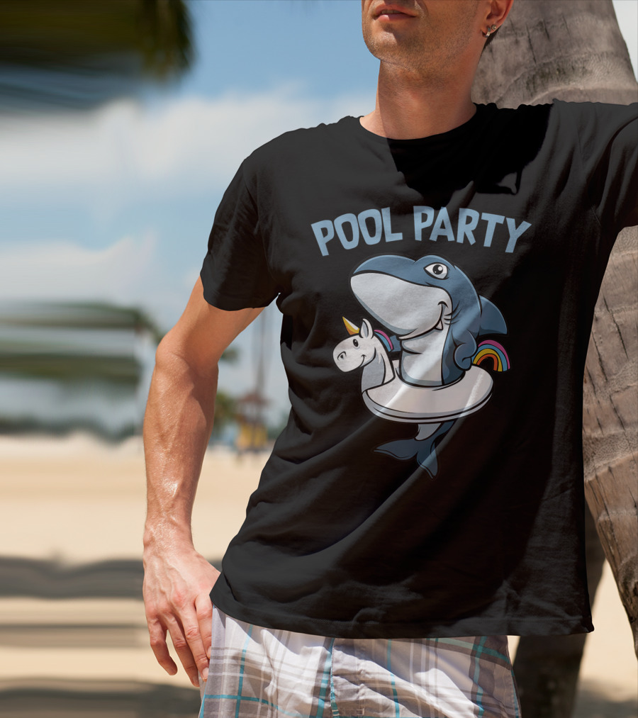Pool Party Shark With Unicorn Float Rainbow Funny Summer Beach T-Shirt