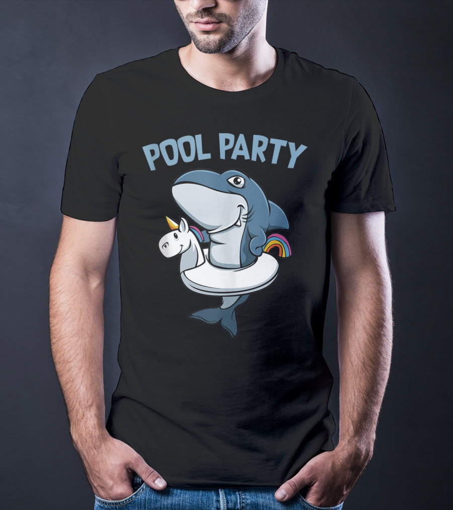 Pool Party Shark With Unicorn Float Rainbow Funny Summer Beach T-Shirt