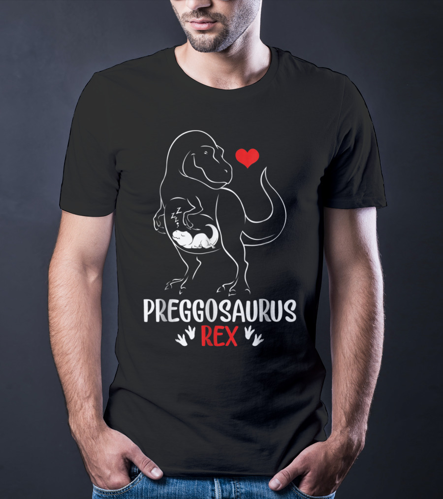 Pregosaurus Rex Heart Pregnant Mom Dinosaur With Baby T-Shirt