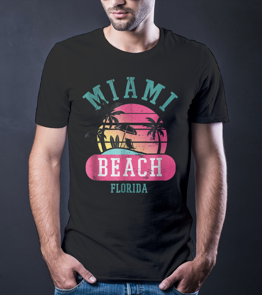 Miami Beach Florida Retro Cool Sun And Palm Trees T-Shirt