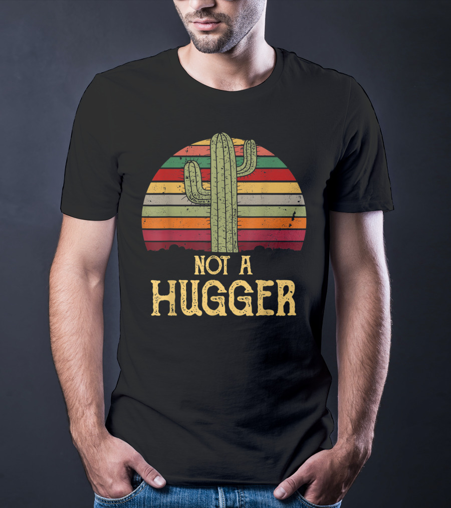 Retro Cactus Sarcastic Not A Hugger Succulent Stripes T-Shirt