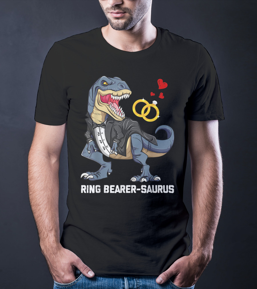 Rex Dinosaur Ring Bearer Saurus In Tuxedo With Wedding Rings And Hearts T-Shirt