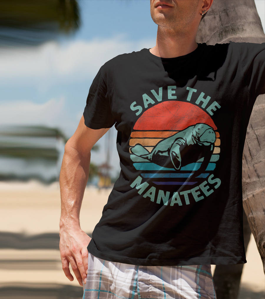 Save The Manatees Retro Stripes Sunset T-Shirt