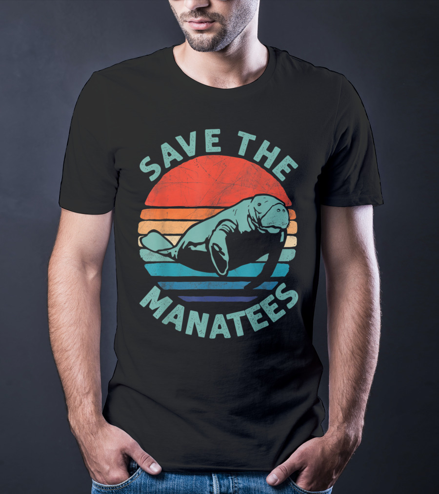 Save The Manatees Retro Stripes Sunset T-Shirt