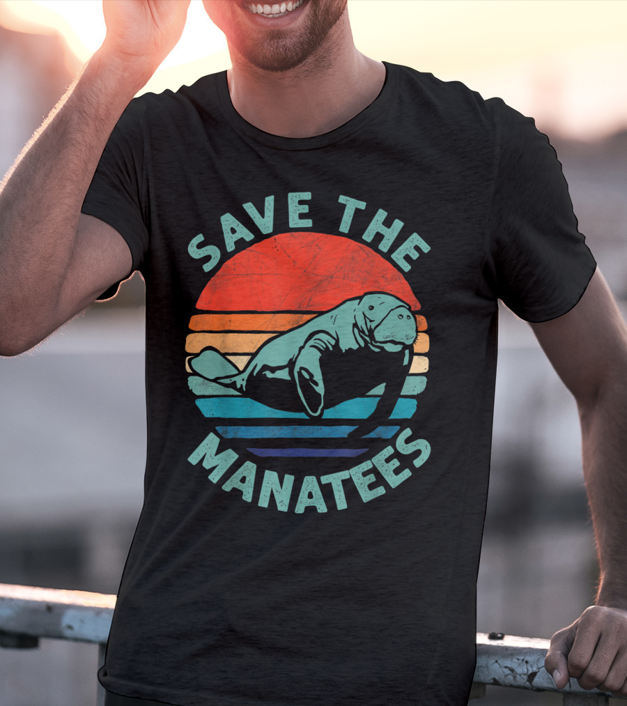 Save The Manatees Retro Stripes Sunset T-Shirt