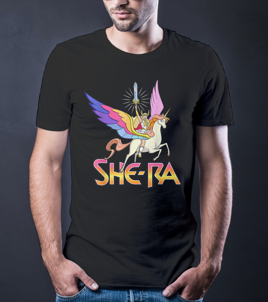 She Ra Riding A Winged Unicorn Holding Sword Of Protection T-Shirt