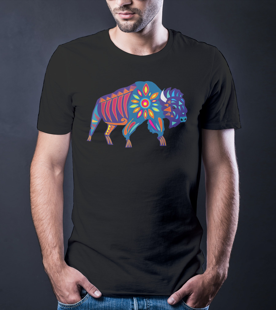 Vibrant Sunflower Buffalo In Colorful Geometric T-Shirt