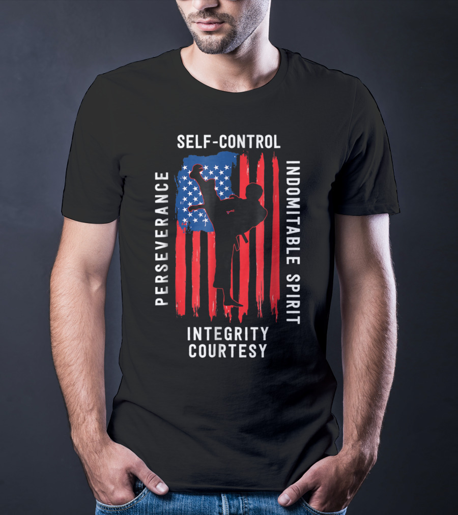 Taekwondo USA Flag Perseverance Courtesy Integrity Self-Control Indomitable Spirit T-Shirt