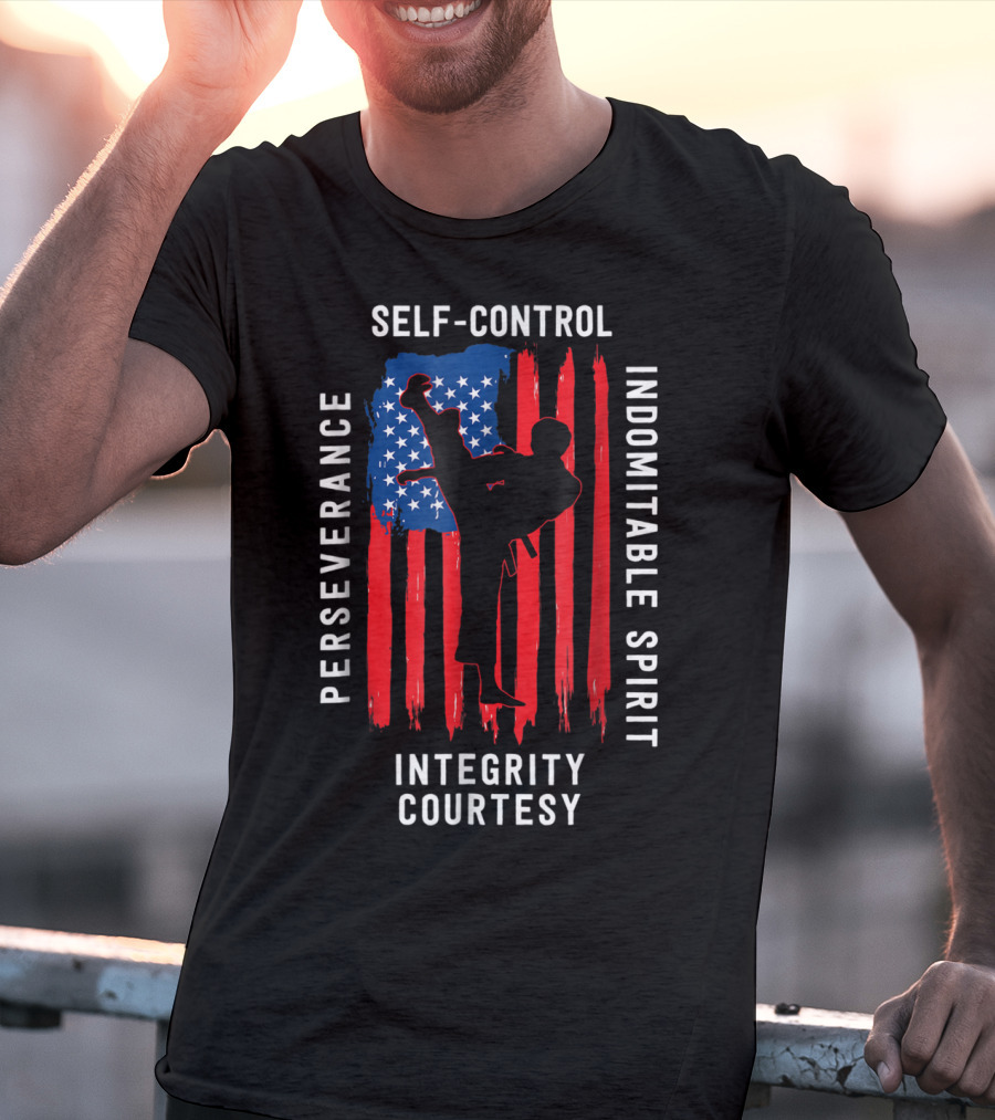 Taekwondo USA Flag Perseverance Courtesy Integrity Self-Control Indomitable Spirit T-Shirt