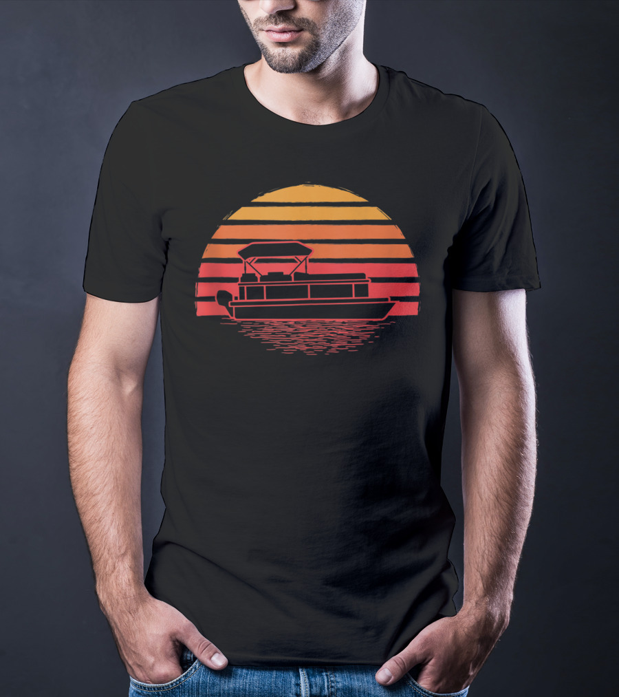 Vintage Sunset Pontoon Boat Silhouette Funny Boating T-Shirt
