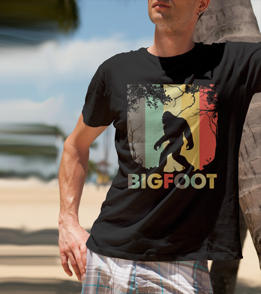 Bigfoot Silhouette Retro Forest Stripes T-Shirt