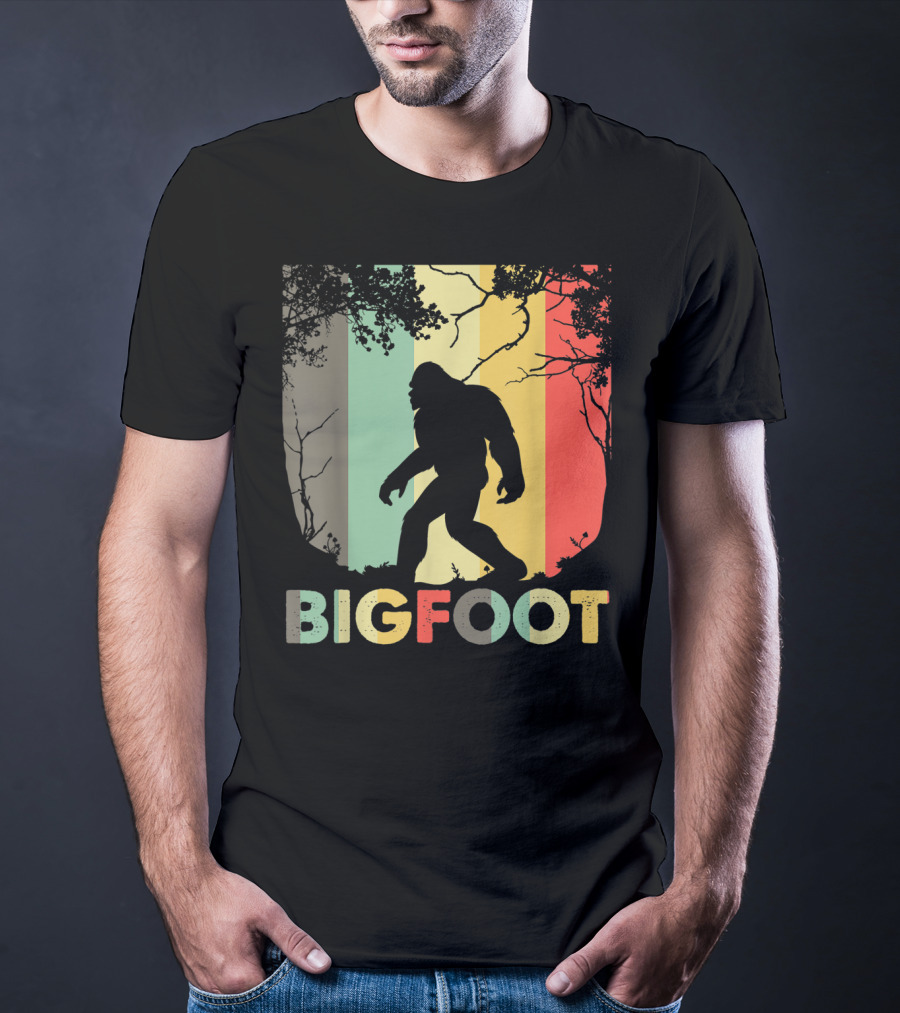 Bigfoot Silhouette Retro Forest Stripes T-Shirt