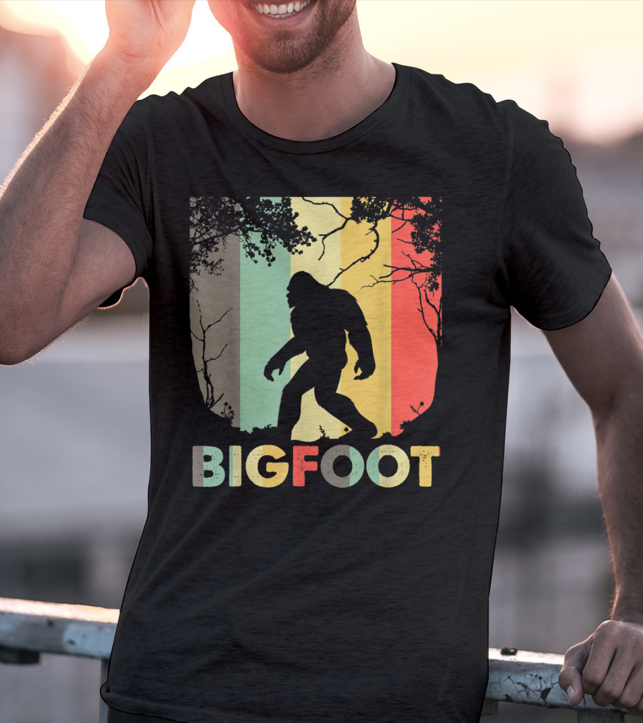 Bigfoot Silhouette Retro Forest Stripes T-Shirt