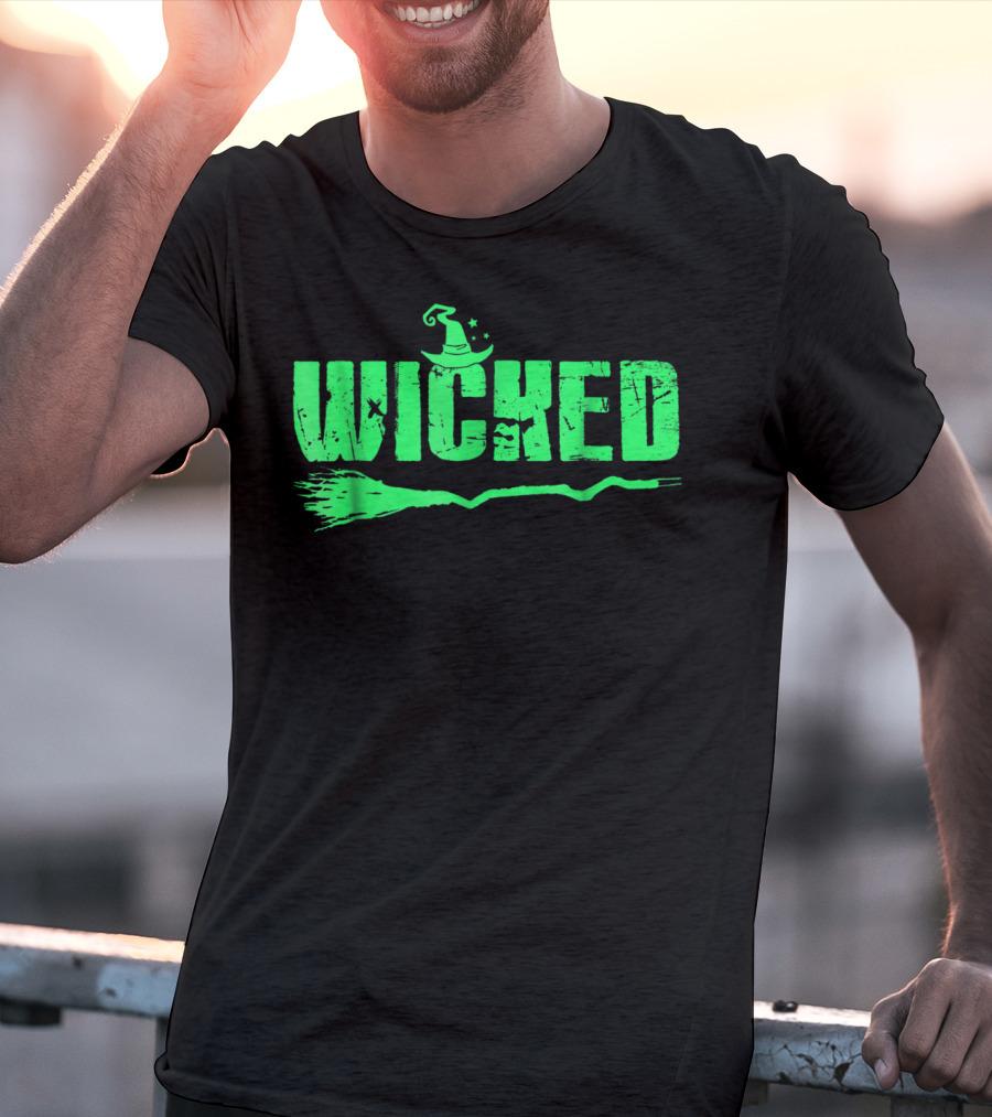 Wicked Green Witch Hat Broomstick Halloween Magic T-Shirt