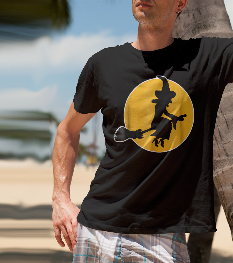 Witch Silhouette Flying Over Yellow Moon T-Shirt