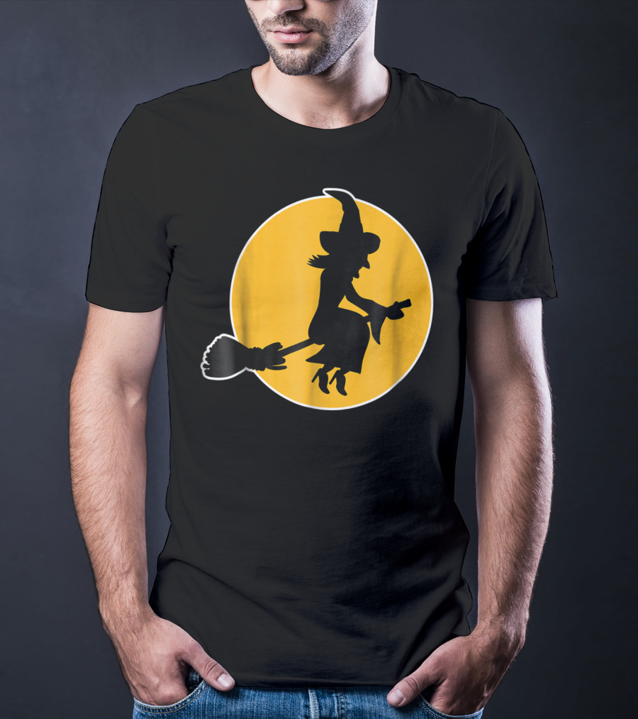 Witch Silhouette Flying Over Yellow Moon T-Shirt