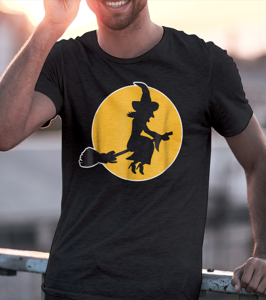 Witch Silhouette Flying Over Yellow Moon T-Shirt
